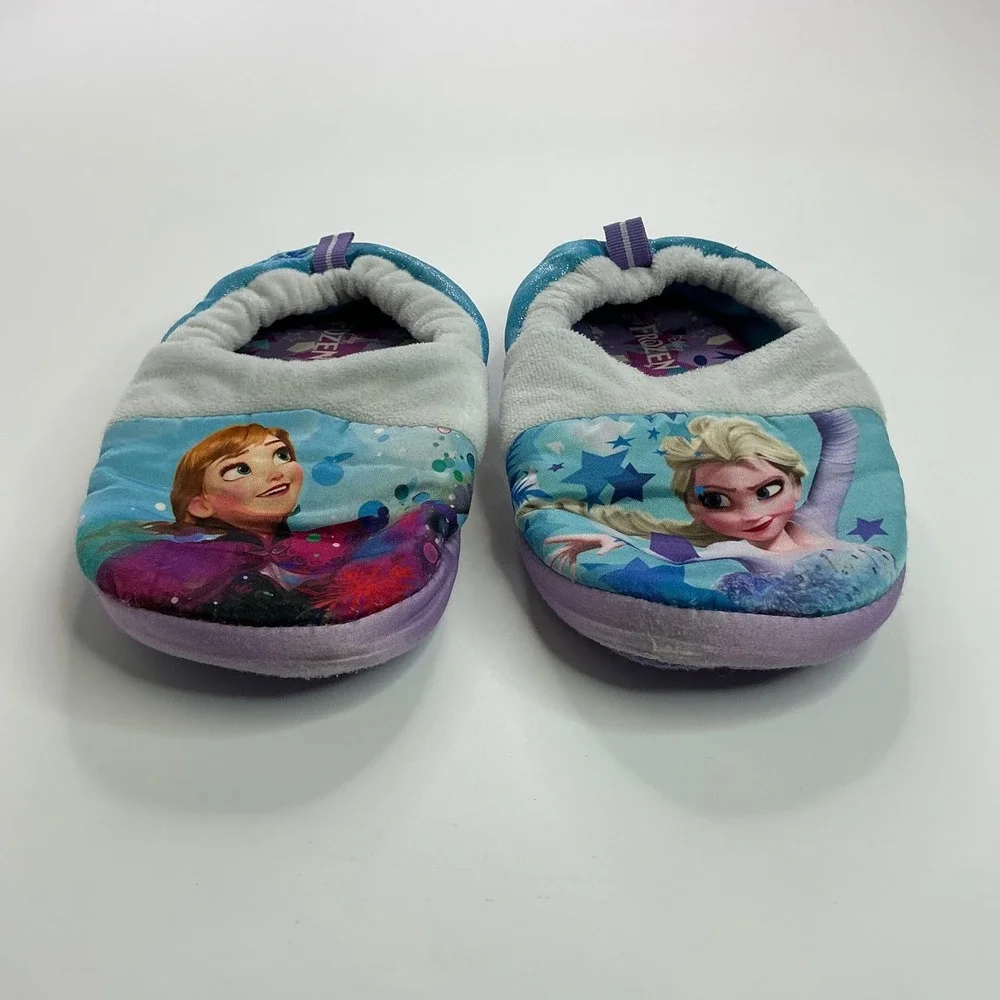 Disney Blue Frozen Slippers Kids 11/12 Anna Elsa Sparkle House Shoes